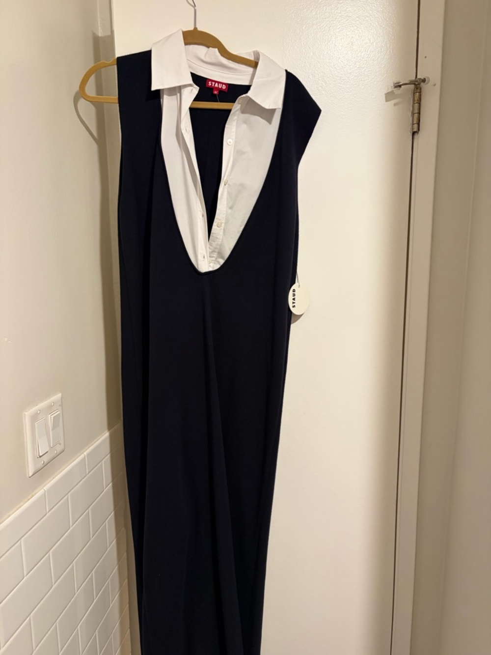 STAUD Navy and White Maxi Dress with Deep V Panel - Picture 4 of 6